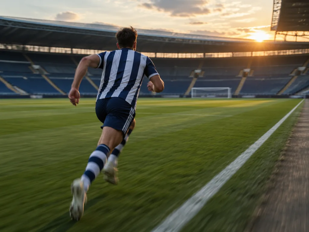 Fotbollsspelare i blåvitrandig tröja springer längs sidlinjen på en tom arena i solnedgång