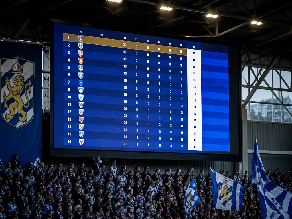 Allsvenskan-tabell på matchdag, blåvita stadionlampor i bakgrunden