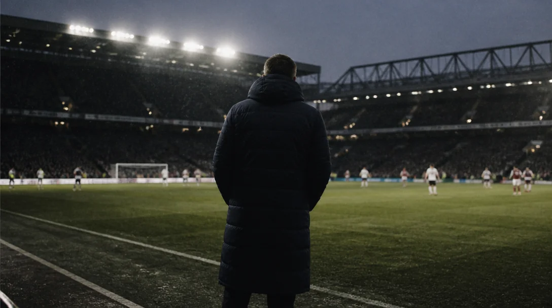 Tränare på sidlinjen vid svensk fotbollsmatch, dokumentärt foto