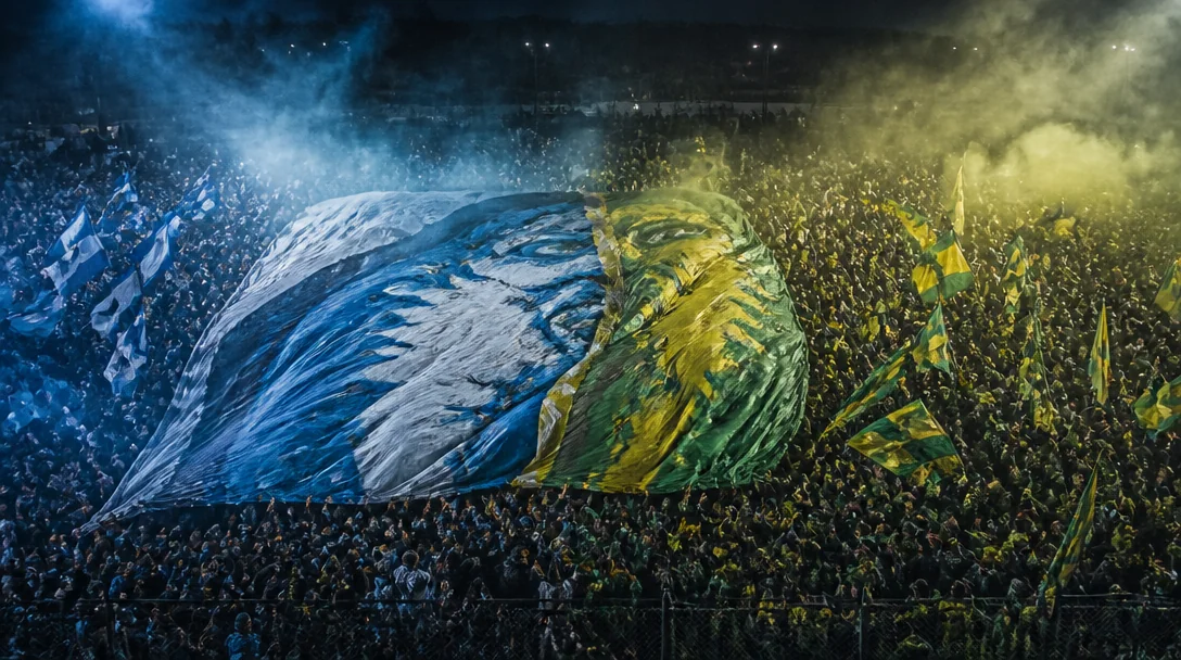 Atmosfärisk bild från göteborgsderby med supporters och fanflagga