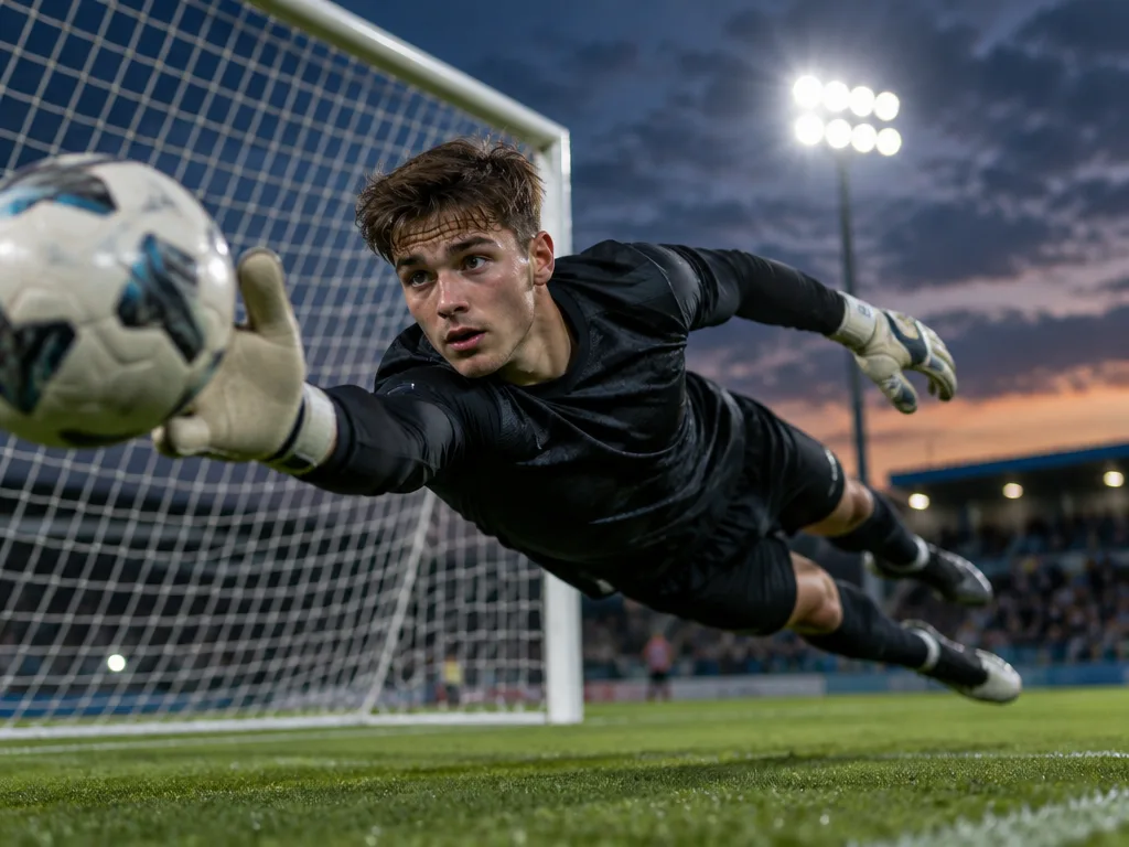 Målvakt i svart matchdräkt kastar sig efter bollen framför målet på en upplyst fotbollsarena i skymningen