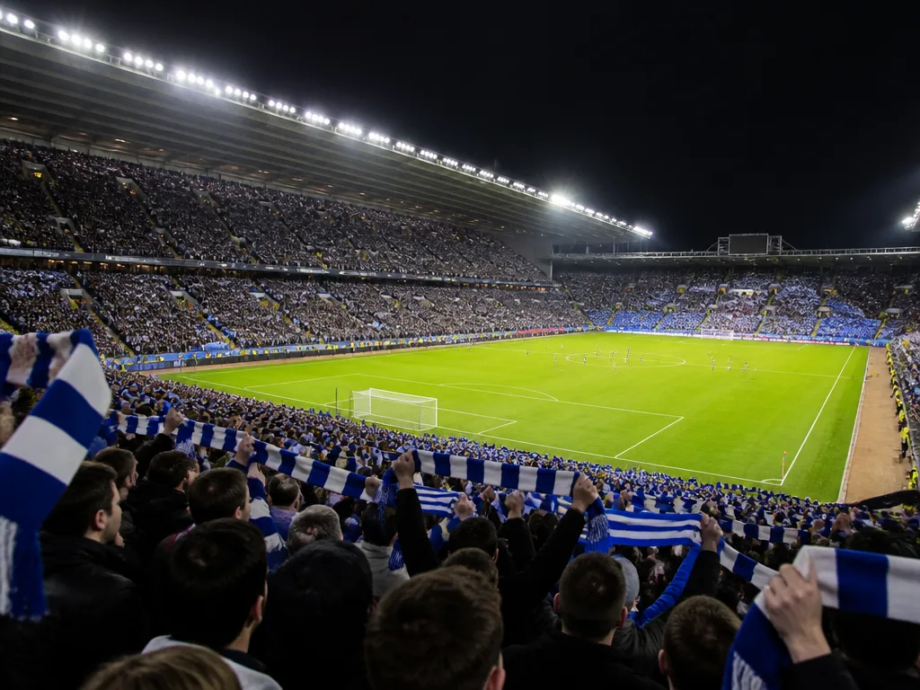 Fullsatt fotbollsstadion nattetid med blåvita halsdukar höjda mot skyn på läktaren