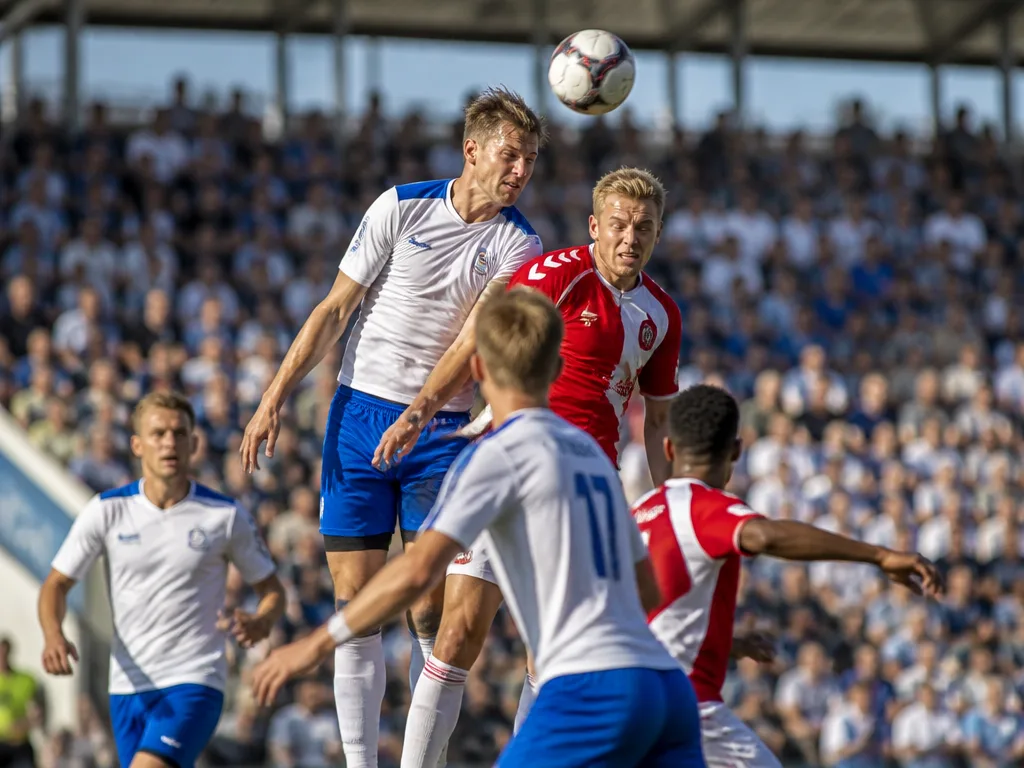 Fotbollsspelare i blåvit respektive rödvit tröja i duell under en match i en fullsatt skandinavisk utomhusarena