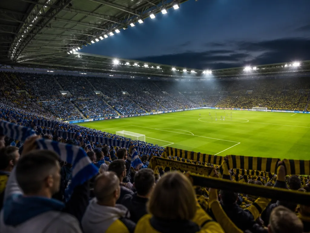 Fotbollsstadion under kvällsbelysning med emeraldgrönt gräs och supporterhalsdukr i blåvitt och gulsvart på läktaren