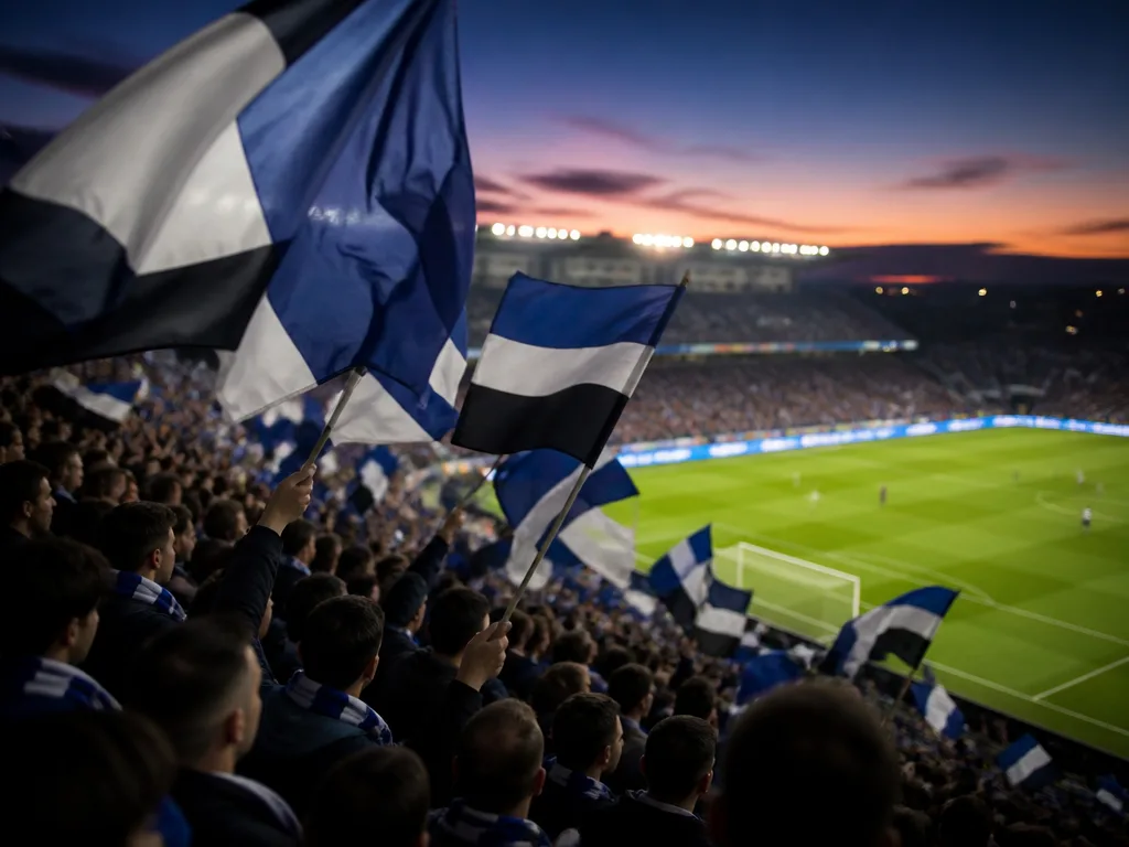 Flodlyst fotbollsarena i skymning med blå och vita supporterflaggor i publikhavet