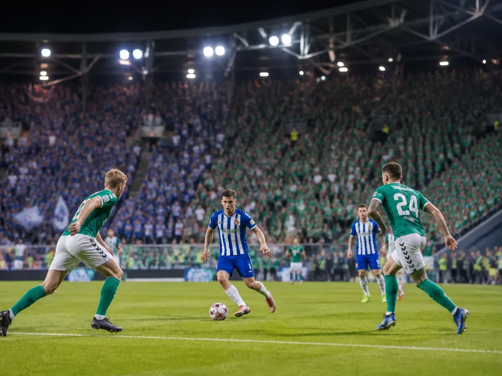 Skandinavisk fotbollsstadion under floodlights med blåvita och gröna supporterfärger på fullsatt läktare