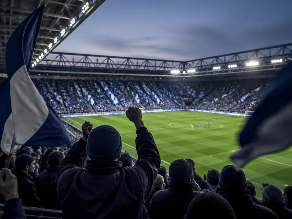 Skandinavisk fotbollsstadion med blåvita supporterfärger på läktaren och grön plan under floodlights