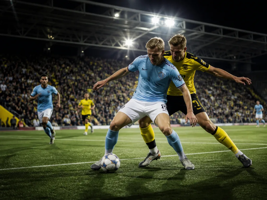 Två fotbollsspelare i intensiv duell på en upplyst arena med fullsatt läktare i bakgrunden