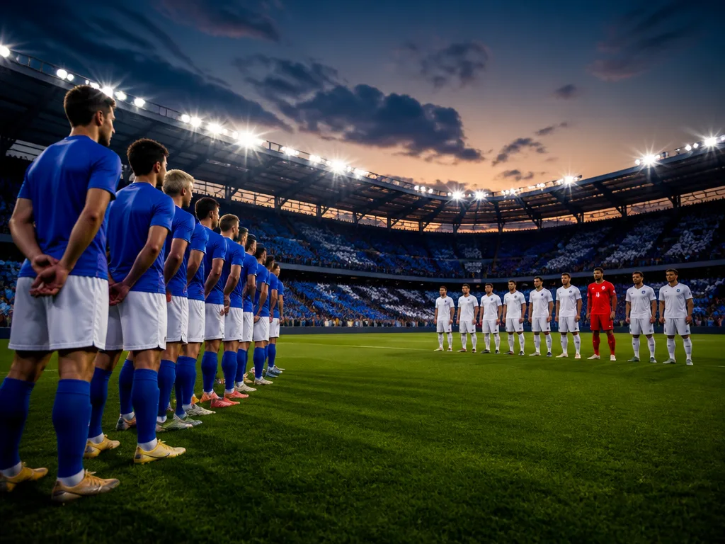 Fotbollsmatch på en upplyst arena med blåvita supporterfärger i publiken