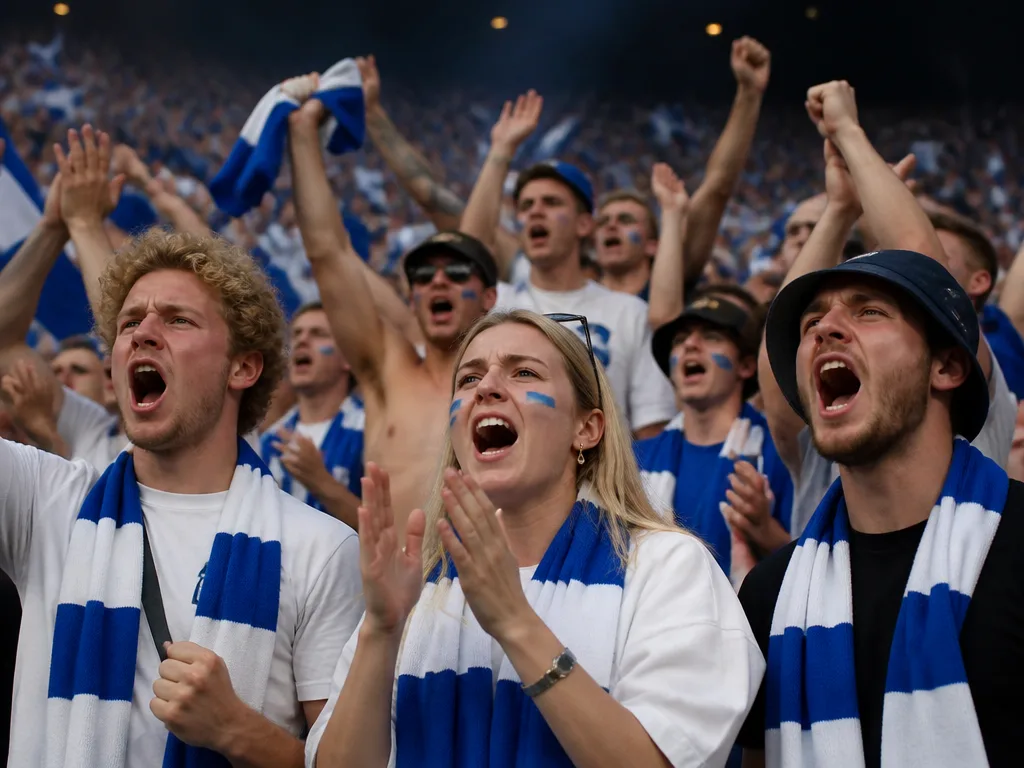 Blåvita supportrar jublar på Gamla Ullevi – IFK Göteborg i Allsvenskan
