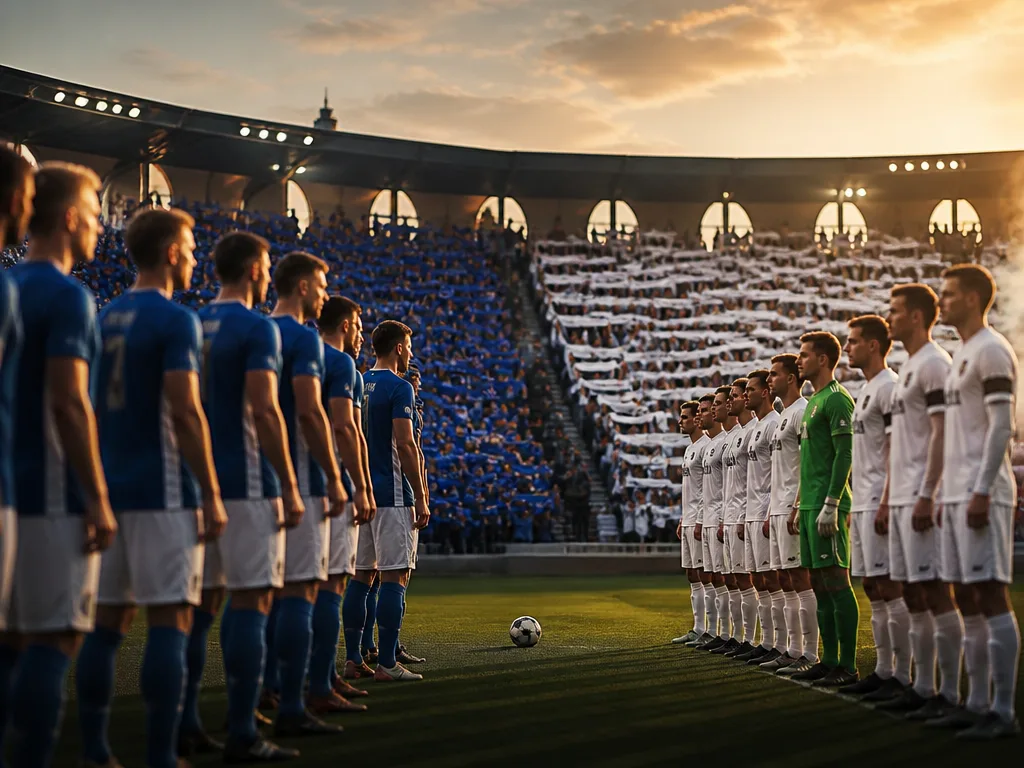Fotbollsmatch på skandinavisk arena i kvällsljus med blåvita supporterfärger på läktaren