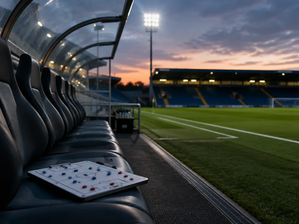 Taktiktavla på avbytarbänken vid en fotbollsplan under flodljus i skymningen
