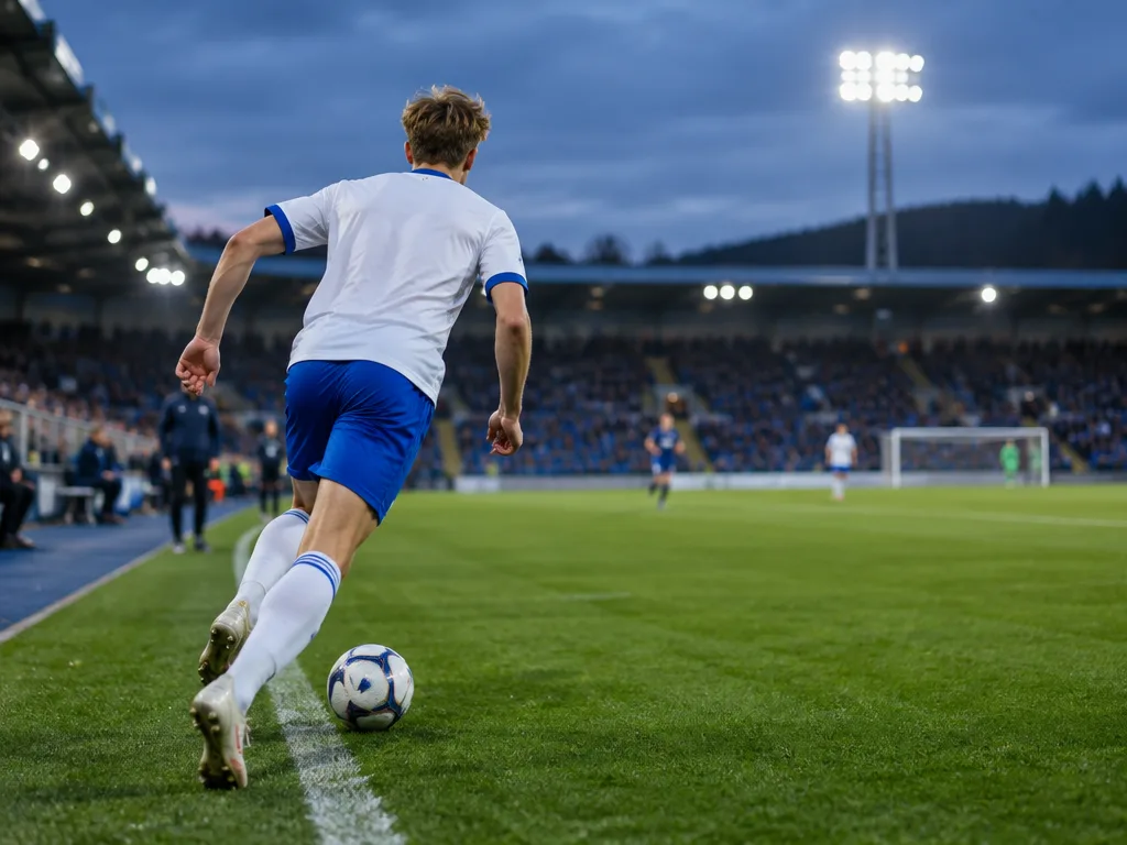 Vänsterback i vit och blå matchdräkt driver bollen längs sidlinjen på en upplyst fotbollsarena