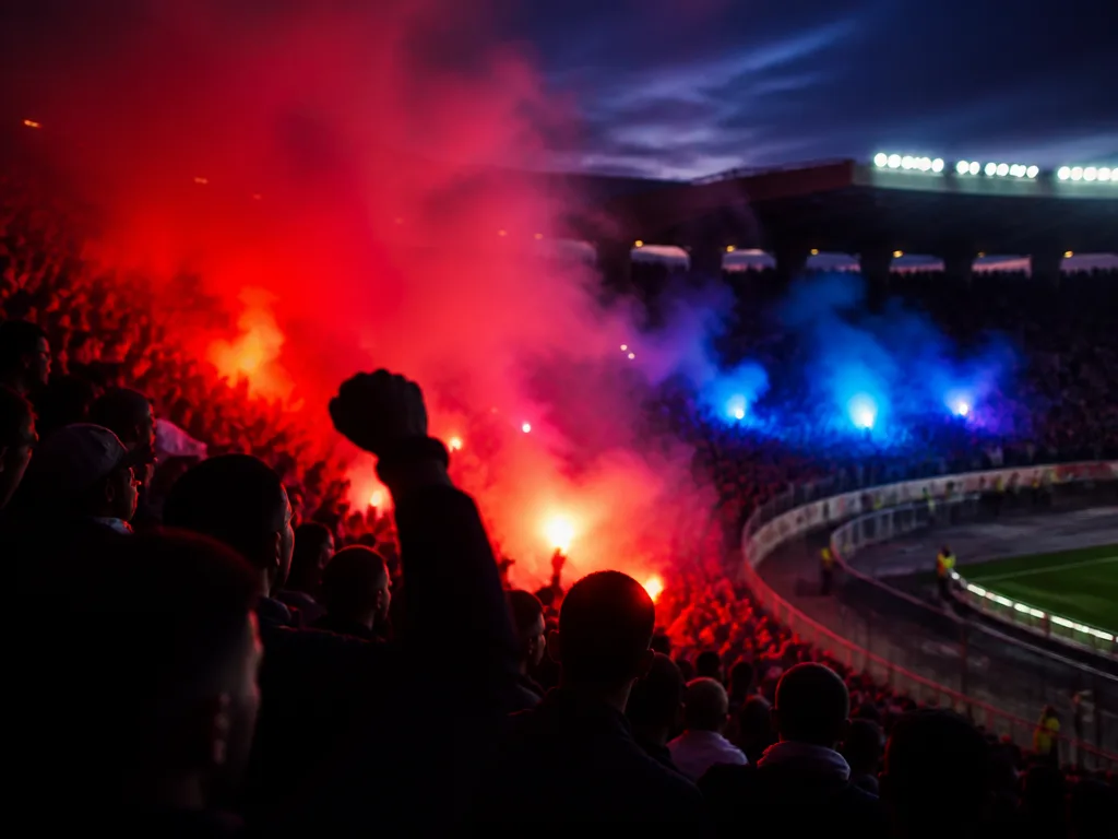 Fullsatt fotbollsläktare i kvällsljus med rök som stiger upp från en sektion under ett derby