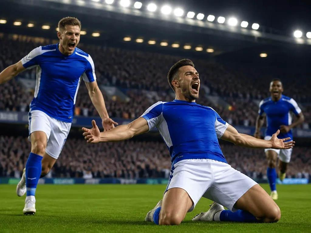 Fotbollsspelare firar mål på stadion med blåvita läktarsektioner, Allsvenskan 2025