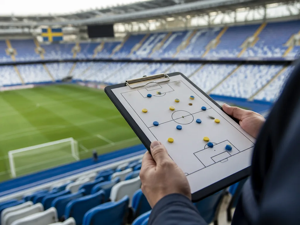 Fotbollsstadion med blåvita läktarsektioner och matchschema, Allsvenskan 2025