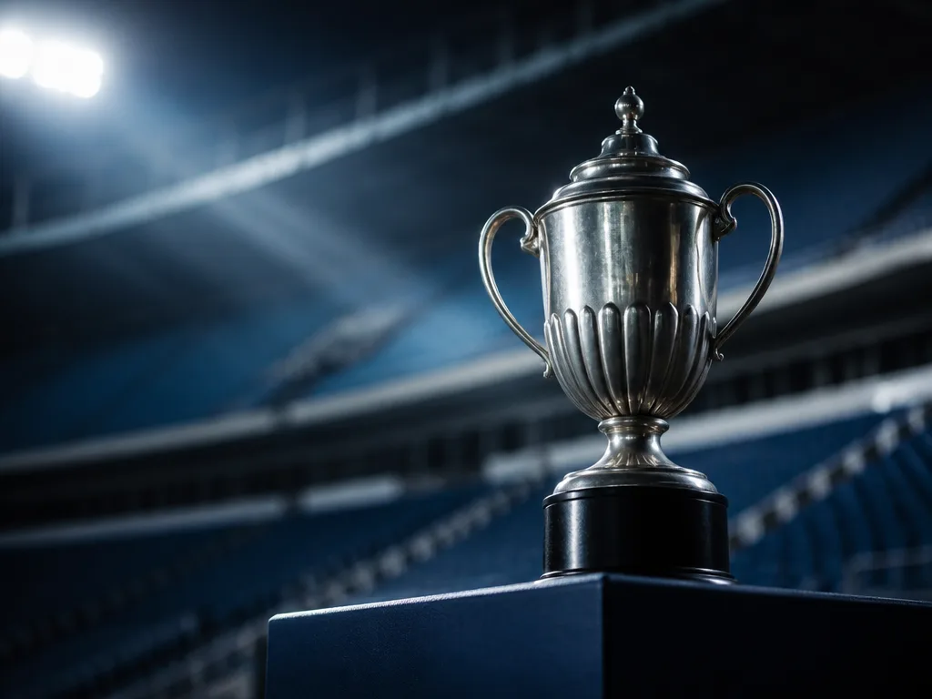 Silverpokal i stadionljus på blåvit scen