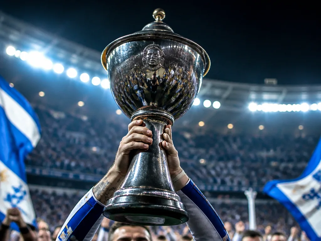 Gustaf VI Adolfs pokal lyfts av jubilande spelare i blåvita färger på välbesatt stadion