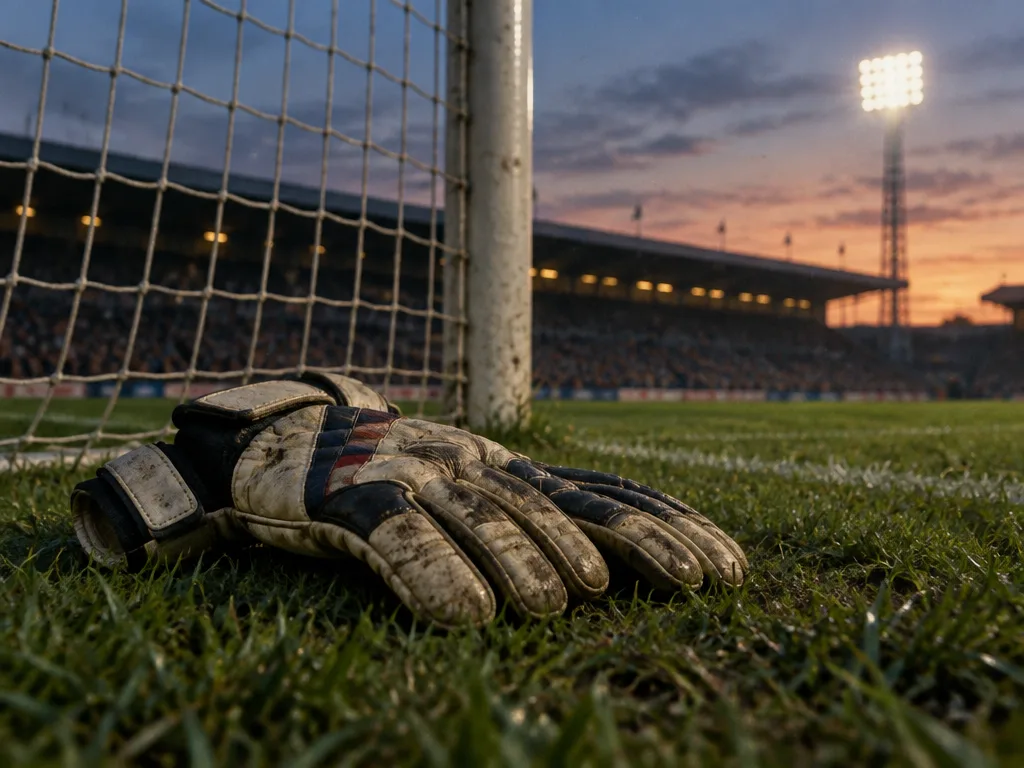 Slitna målvaktshandskar på gräset framför ett fotbollsmål under flodljus i skymningen